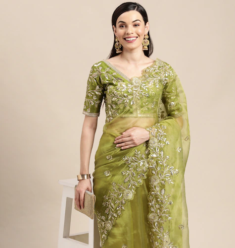 Green & Gold Floral Sequinned Organza Saree